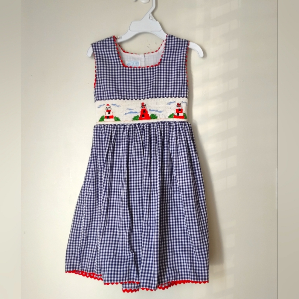 VIVE LA FÊTE Girls Gingham Lighthouse Smocked Dress